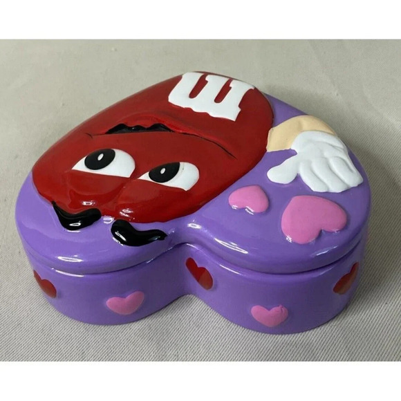 M&M Ceramic Heart Shaped Candy Dish Red Purple Trinket Box Valentine's Day - Picture 4 of 9